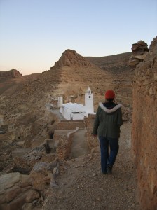 Student hiking to the top of Chenini Tataouine Berber village